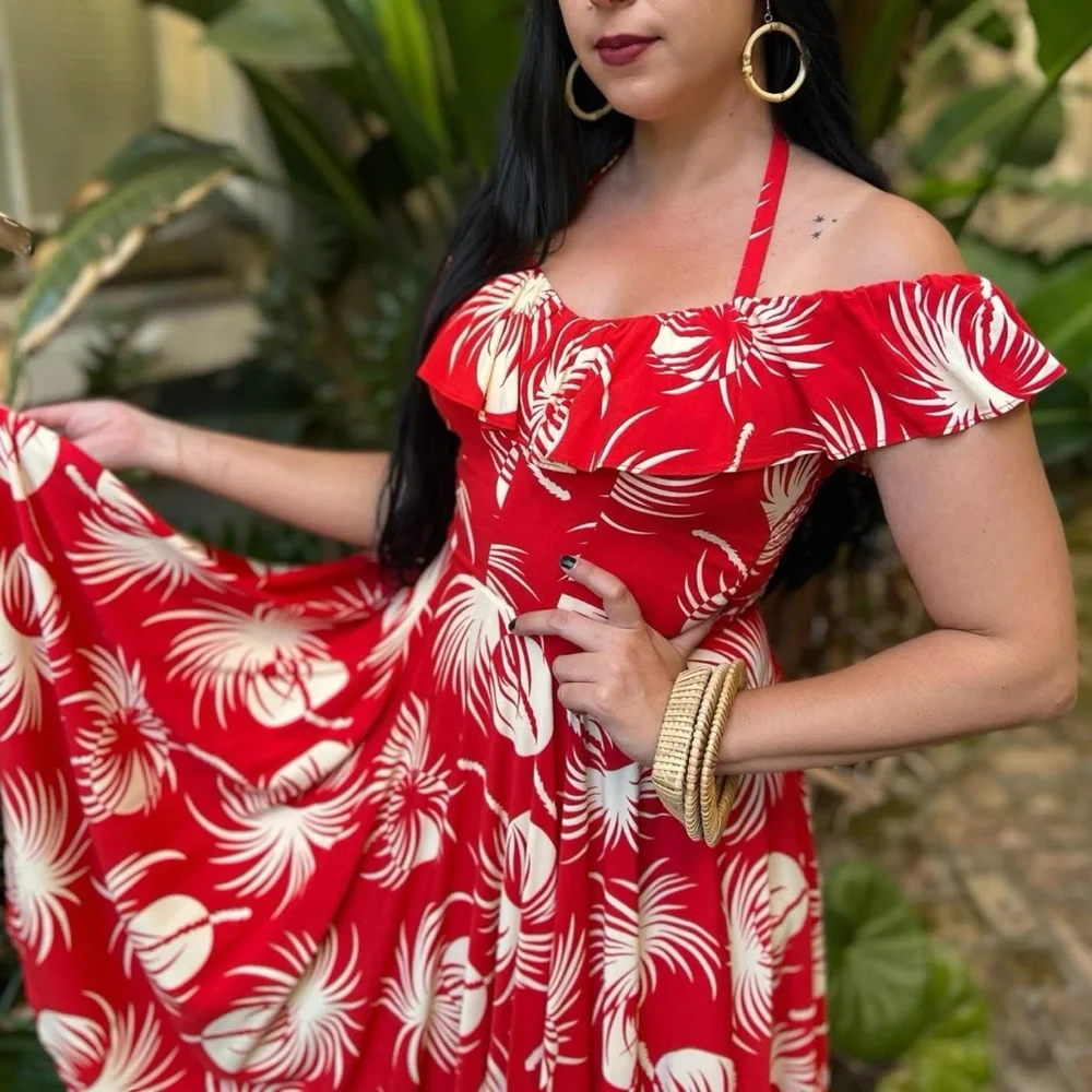 Trashy Diva Hollywood Circle Polka Dot Palm Print Rockabilly Retro Dress Sz 24 - Picture 9 of 13